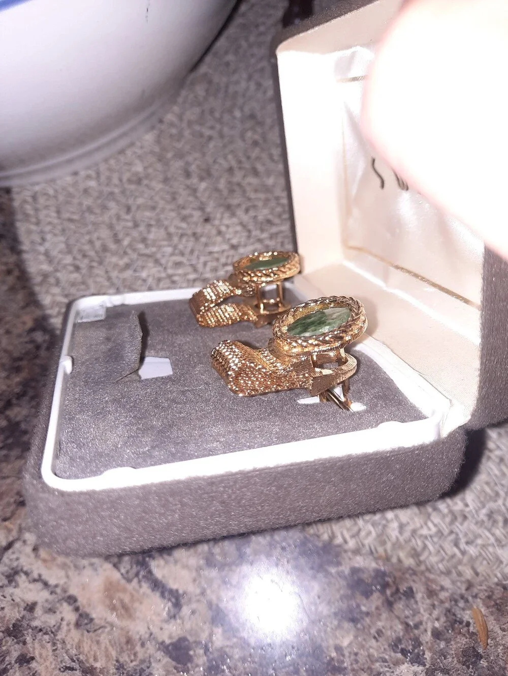 Vintage SWANK Gold-Tone Cufflink Set with Green Jade and Yellow Stones
